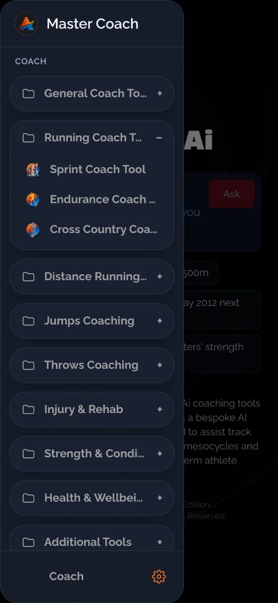 The tool menu on a phone, with Running Coach Tools open