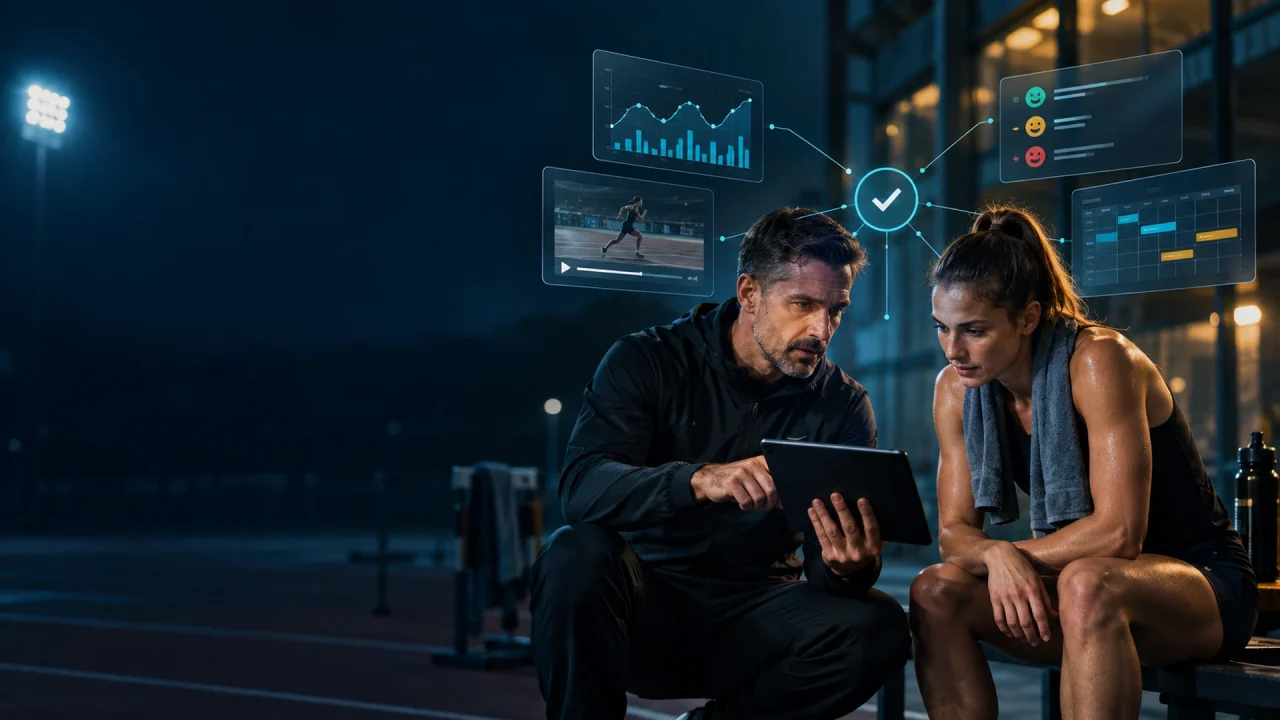 A coach and an athlete reviewing training evidence on a tablet beside a floodlit track, with load, video, wellness and schedule panels connected around a single approved decision