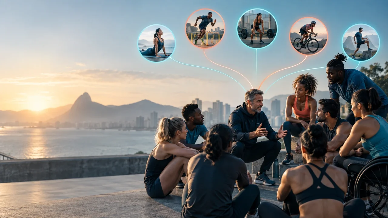 A coach addressing a mixed squad of athletes outdoors at sunrise, with individual training plans shown as separate connected panels above the group