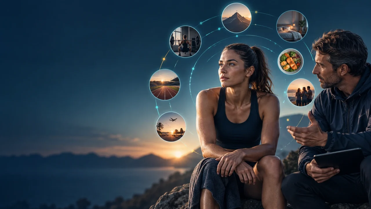 An endurance athlete in conversation with her coach, surrounded by the layers of context that shape a training decision: gym work, sleep, nutrition, travel, competition and goals