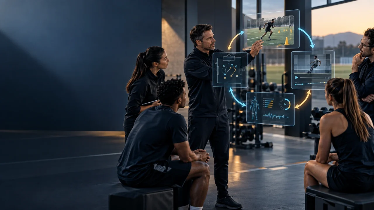 A head coach designing a performance decision workflow on connected screens while an athlete, analyst and medical staff look on in a training facility