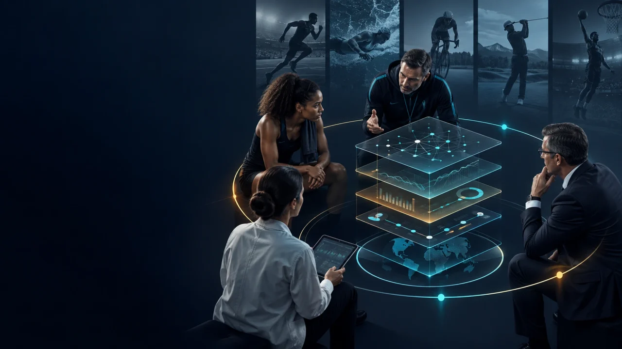 A performance director, athlete, clinician and executive around a layered model of a governed sports AI system, with sports imagery behind them
